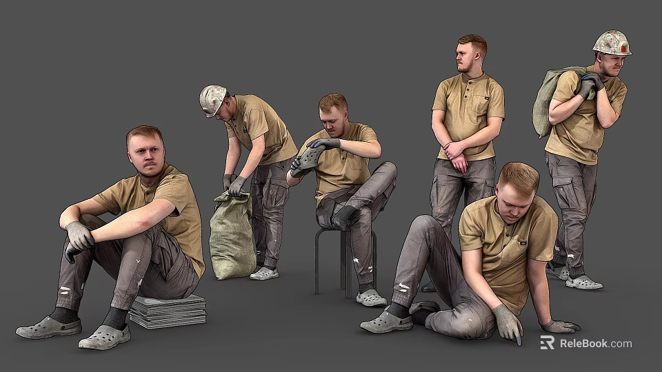 Men Resting In Various Poses Wearing Brown Work Shirts And Gray Pants 3d model 