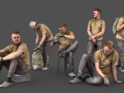 Men Resting In Various Poses Wearing Brown Work Shirts And Gray Pants 3d model