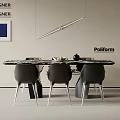 Modern Dining Table Set With Marble Top Black Chairs Hanging Light And Wall Art