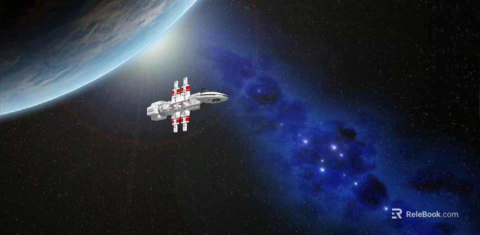 Spaceship Orbiting Earth in Starry Space With Blue Nebula and Stars 3d model 