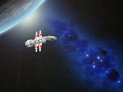 Spaceship Orbiting Earth in Starry Space With Blue Nebula and Stars 3d model