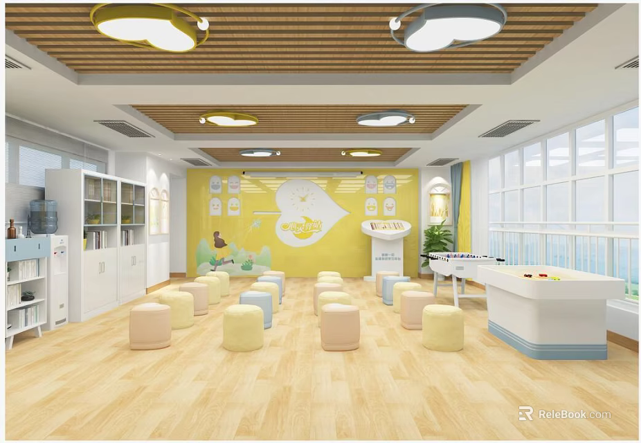 Kindergarten Classroom Interior With Wooden Ceiling Cloud Shaped Lights Yellow Walls And Round Stools 3d model 