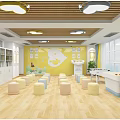 Kindergarten Classroom Interior With Wooden Ceiling Cloud Shaped Lights Yellow Walls And Round Stools