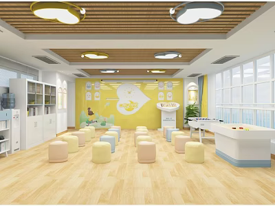 Kindergarten Classroom Interior With Wooden Ceiling Cloud Shaped Lights Yellow Walls And Round Stools 3d model