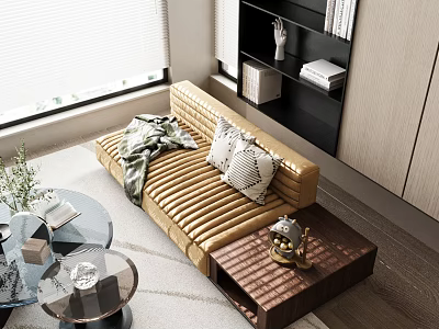 Beige Velvet Sectional Sofa With Pillows Throw Blanket In Modern Living Room Glass Coffee Table 3d model
