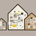 Three House Shaped Bulletin Boards with Photos Papers and Notes Decorative