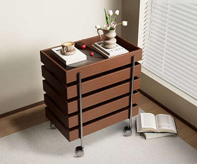 Brown Wooden Layered Side Table With Coffee Cup Book And Flower Vase 3d model