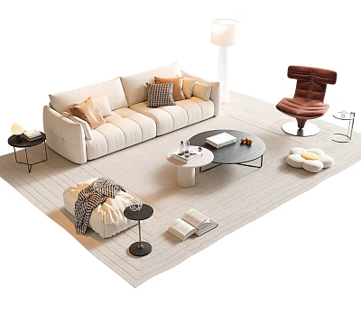 Modern Light-colored Sofa and Coffee Table Set With Soft Pillows Round Table and Accent Chair 3d model
