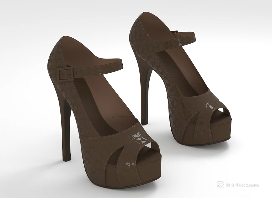 Brown High Heel Shoes With Stiletto Heels Peep Toe And Patterned Straps 3d model 