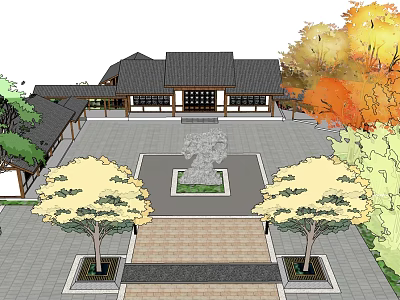 Traditional Ancient Chinese Architecture Courtyard With Central Stone Sculpture And Surrounding Trees 3d model