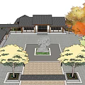Traditional Ancient Chinese Architecture Courtyard With Central Stone Sculpture And Surrounding Trees