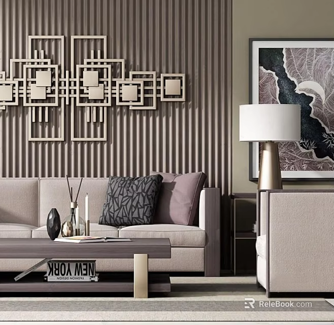 Modern Sofa And Coffee Table Set With Geometric Wall Decor Throw Pillows And Table Lamp 3d model