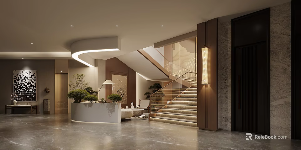 Elegant Hotel Lobby Interior Design With Grand Staircase Reception Desk And Potted Plants 3d model 