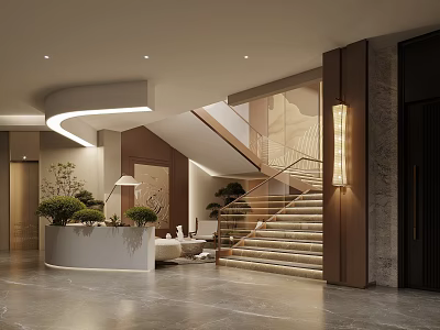 Elegant Hotel Lobby Interior Design With Grand Staircase Reception Desk And Potted Plants 3d model