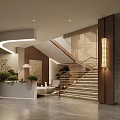 Elegant Hotel Lobby Interior Design With Grand Staircase Reception Desk And Potted Plants