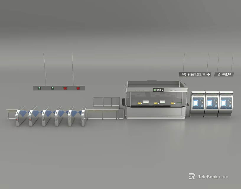 Modern Public Facility With Security Turnstiles Control Console And Hanging Displays 3d model