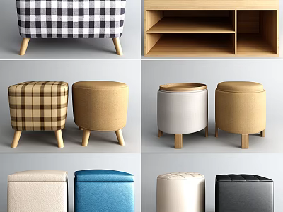 Stylish Upholstered Stools With Different Patterns Colors And Wooden Legs Design 3d model