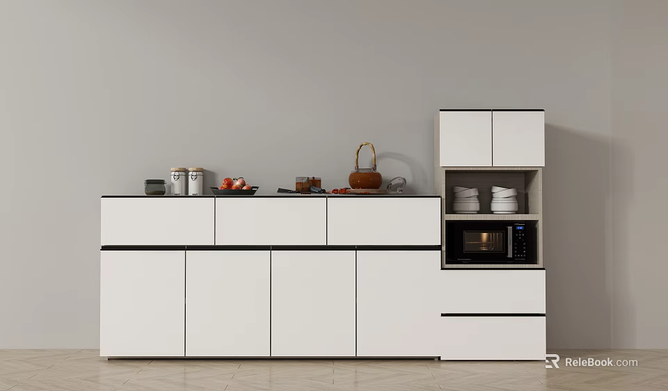Modern White Sideboard Design With Jars Fruits Basket Microwave And Plates Storage 3d model 