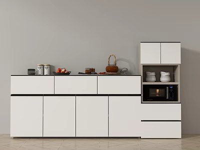 Modern White Sideboard Design With Jars Fruits Basket Microwave And Plates Storage 3d model