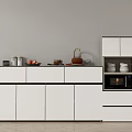 Modern White Sideboard Design With Jars Fruits Basket Microwave And Plates Storage