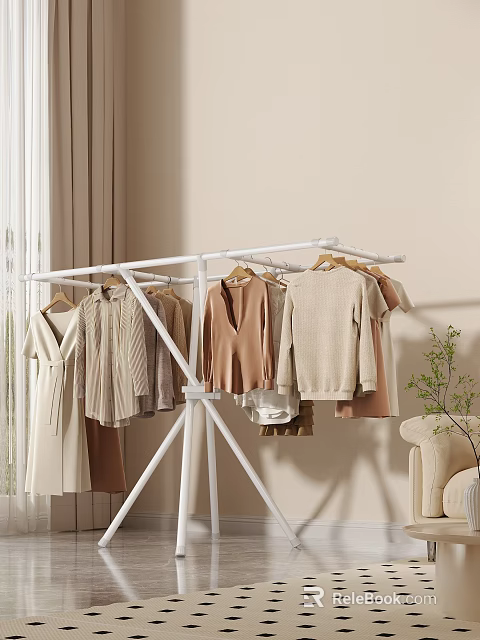 Living Room with White Clothes Rack Various Clothes Beige Sofa Curtains and Green Plant 3d model 