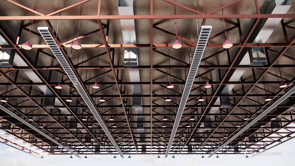 Modern Industrial Ceiling Design With Metal Frames Pendant Lights And Ventilation Grilles 3d model 