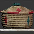 Woven Storage Basket With Lid Natural Beige Body Red Blue Stripes Green Decorative Top