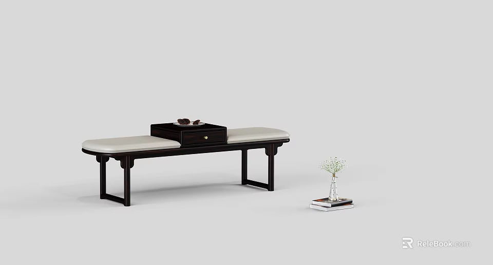 Minimalist Bench Setup With Padded Seat Small Table And Decorative Vase 3d model
