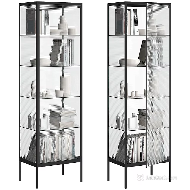 Stylish Black Frame Display Cabinets With Glass Shelves Books Cups And Decorative Items 3d model 