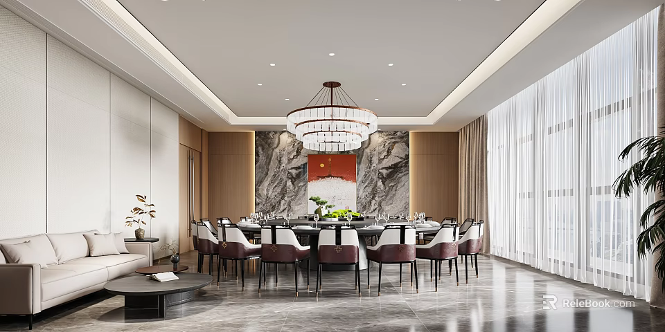 Elegant Private Dining Room Interior With Round Table Chandelier Marble Wall Greenery And Curtains 3d model 