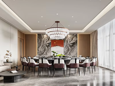 Elegant Private Dining Room Interior With Round Table Chandelier Marble Wall Greenery And Curtains 3d model