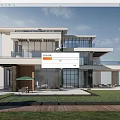 Modern Detached Villa Featuring Glass Curtain Walls Balconies Lawn and Outdoor Seating Area