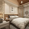 Chinese Style Hotel Guest Room With Wooden Ceiling Lantern Lights Calligraphy Painting And Open Bathroom
