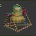 Golden Bell With Decorative Metal Structure And Wheel On Wooden Triangular Stand