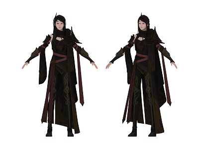 Fantasy Female Character In Black And Red Ornate Armor Costume With Different Poses 3d model