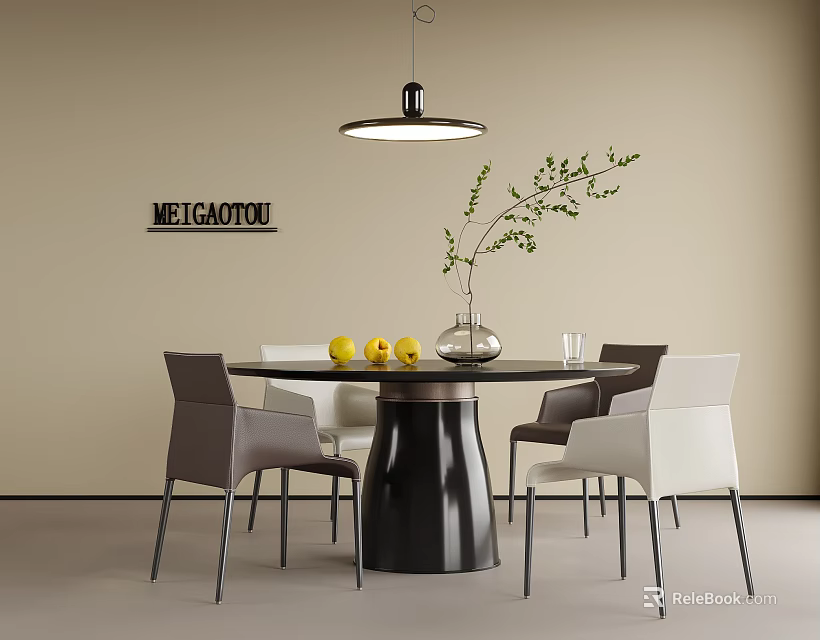 Modern Round Dining Table And Chair Set With Pendant Light Vase And Lemons 3d model 