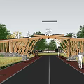 Scenic Traditional Chinese Wooden Memorial Archway With Trees Road And Fields