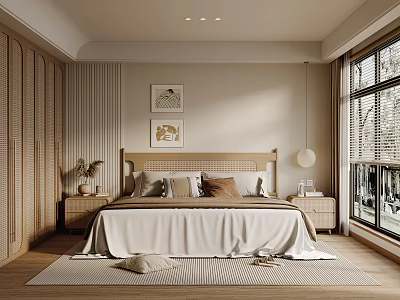 Warm Cozy Bedroom Interior With Wooden Bed Frame Wall Art Nightstand Rug And Large Window 3d model