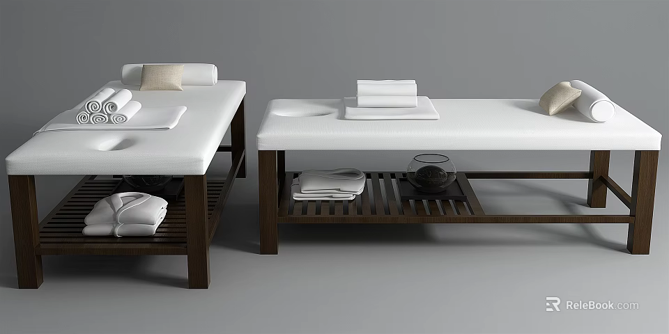 Massage Tables With Wooden Frames White Mattresses Folded Towels And Tea Set On Lower Shelf 3d model 