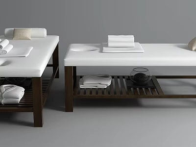 Massage Tables With Wooden Frames White Mattresses Folded Towels And Tea Set On Lower Shelf 3d model