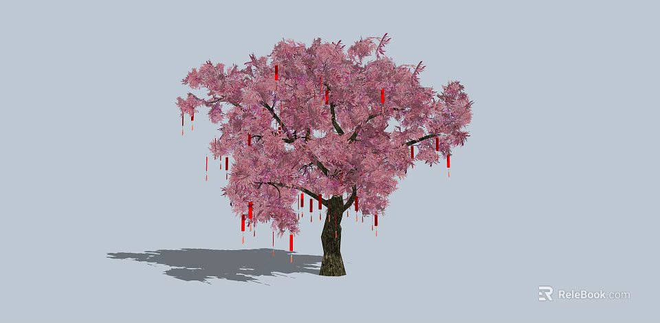 Beautiful Pink Blossom Tree with Red Tassel Decorations Hanging on Branches 3d model 