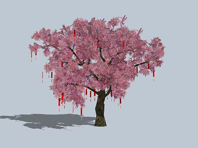 Beautiful Pink Blossom Tree with Red Tassel Decorations Hanging on Branches 3d model