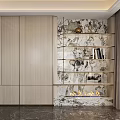 Modern Shelving Unit With Wooden Cabinet Marble Wall Glass Shelves Books And Fireplace