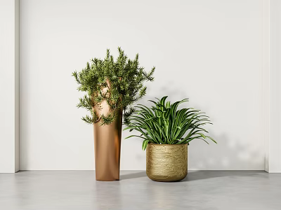 Modern Bonsai Potted Plants In Copper And Golden Pots With Lush Green Foliage 3d model