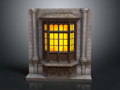 Classic Decorative Casement Window With Stone Frame Wooden Structure And Yellow Glass 3d model