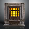 Classic Decorative Casement Window With Stone Frame Wooden Structure And Yellow Glass