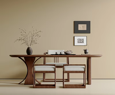Traditional Chinese Tea Table and Chairs with Tea Set Vase and Wall Paintings 3d model