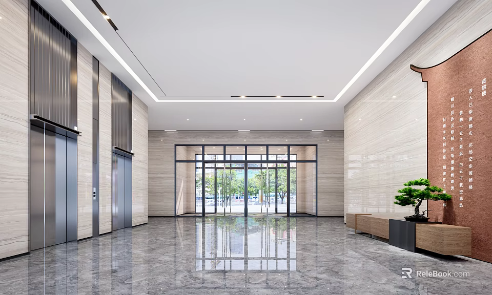 Modern Elevator Lobby Design With Marble Floor Elevator Doors Glass Entrance And Green Plants 3d model 