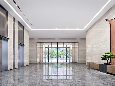 Modern Elevator Lobby Design With Marble Floor Elevator Doors Glass Entrance And Green Plants 3d model