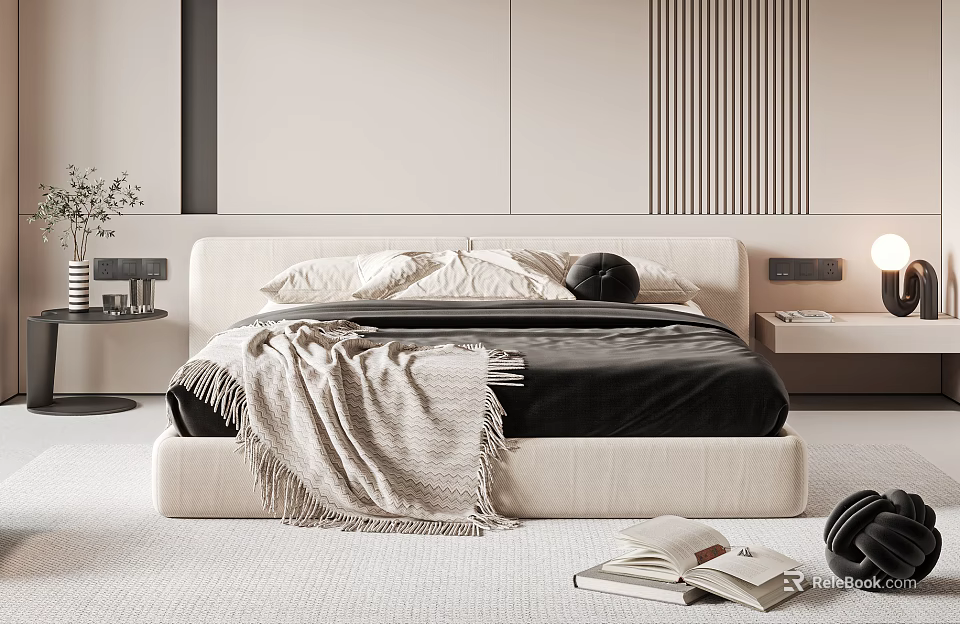 Modern Minimalist Double Bed In Cozy Bedroom Interior 3d model 